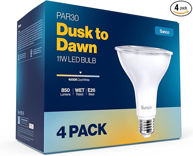Sunco 4 Pack PAR30 LED Dusk to Dawn Light Bulbs, 850 Lumens, 11W, 4000K Cool White, Non-Dimmable, E26, Wet Rated Outdoor Flood Light Bulb with Photocell Sensor, for Porch, Patio, Backyard, UL