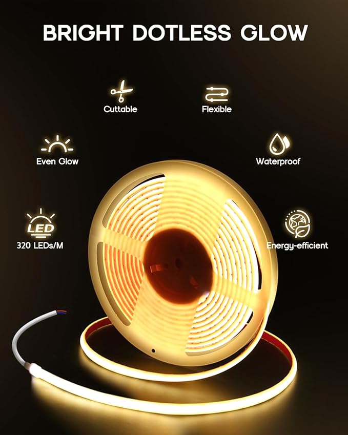 COB LED Strip Lights Warm White 3000K,12V 16.4ft IP67 Waterproof High CRI 95Ra+ Super Bright,Flexible Boat Lights for Fishing Night Outdoor Bathroom Swimming Pool(Power Supply Not Included)