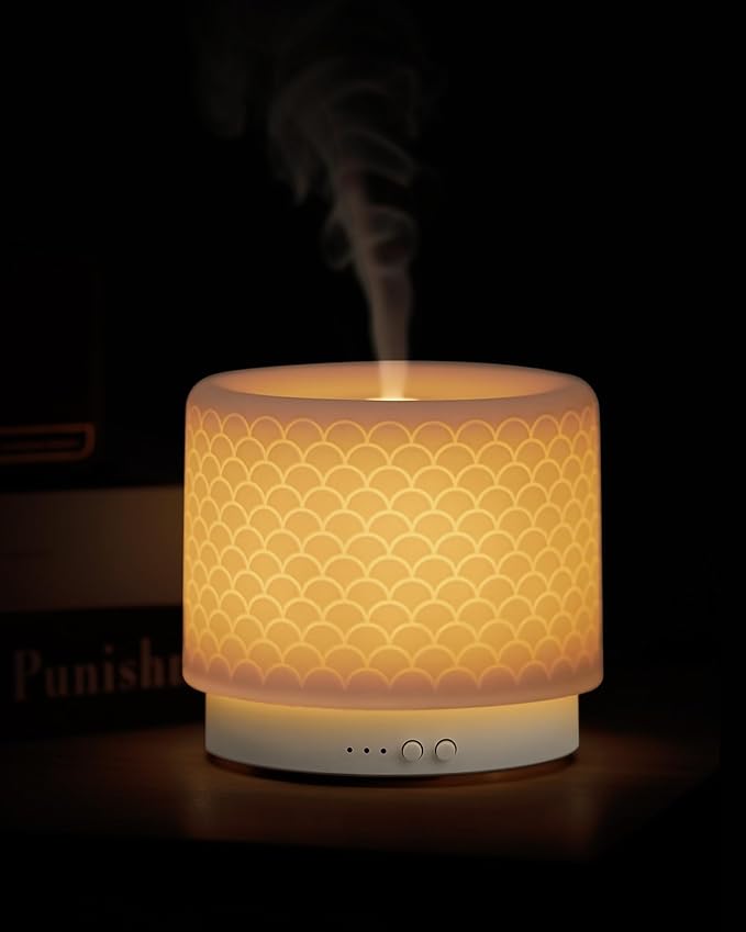 Essential Oil Diffuser -280ml Ceramic Diffuser for Large Room&Commercial Use, 2.4MHz Cool Mist Humidifier & Independent Decorative Light & Aromatherapy Diffuser, Pulse&Continuous Mist, Timer, Auto-Off