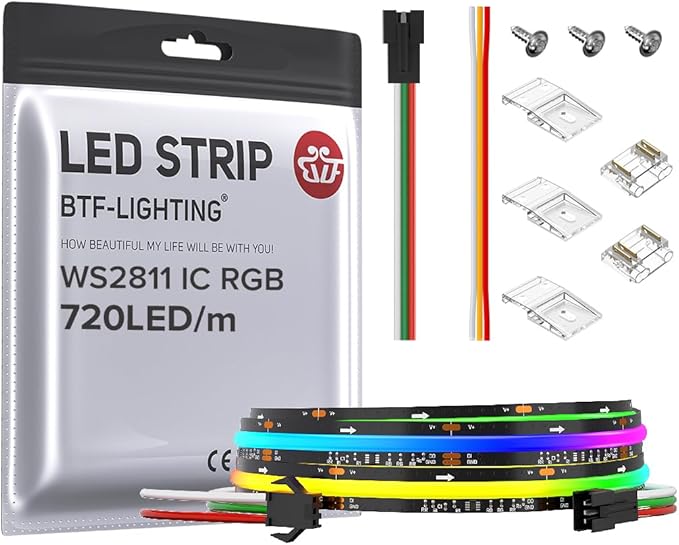 BTF-LIGHTING FCOB WS2811 IC RGB COB LED Strip DC24V 720LED/m 3.2FT Flexible High Density Uniform Chasing Color Light 20IC/m 12mm Width Black PCB for Indoor Decor(No Adapter or Controller)