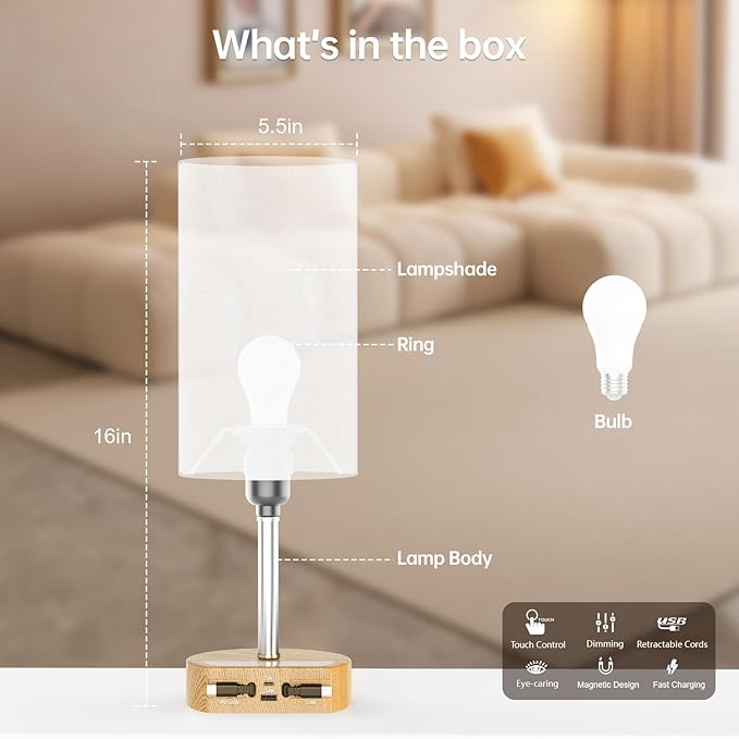 Bedside Lamp with Charging Station 74W【2 * 3.94ft Retractable Cords & 2 USB Ports】, 3 Way Dimmable Touch Lamps for Nightstand with LED Bulb, Small Desk Lamp, Set of 2, Yellow Wood Grain