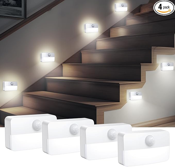 AMIR 4 Pack Mini Motion Sensor Stair Light for Indoor, Battery-Powered LED Night Light, 40 Lumen 6500K, Cordless Closet Lights, Safe Lights for Stairs, Hallway, Bathroom, Kitchen, Cabinet