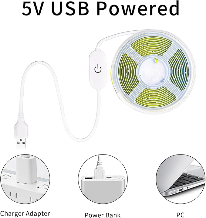 COB LED Strip Light 5V USB Tape 320LED/m Dimmable LED Strip Light USB TV Backlight Flexible Under Cabinet Tape Light for Bedroom,Kitchen,Home DIY Lighting (4000K, 6.56FT)