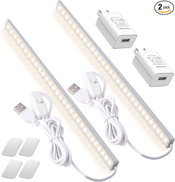 2Pack LED Under Cabinet Light LED Light Bar with USB Powered Under Cabinet Lights for Closet Light Bar Under Counter Lighting Work Tables Student Dormitory (Include AC Plug)