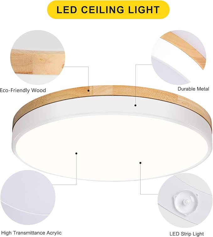 Modern Wood White Flush Mount Ceiling Light, 11.81" Round LED Low Profile Close to Ceiling Fixture for Kitchen Bedroom Bathroom Laundry Hallway Entryway Closet Living Room