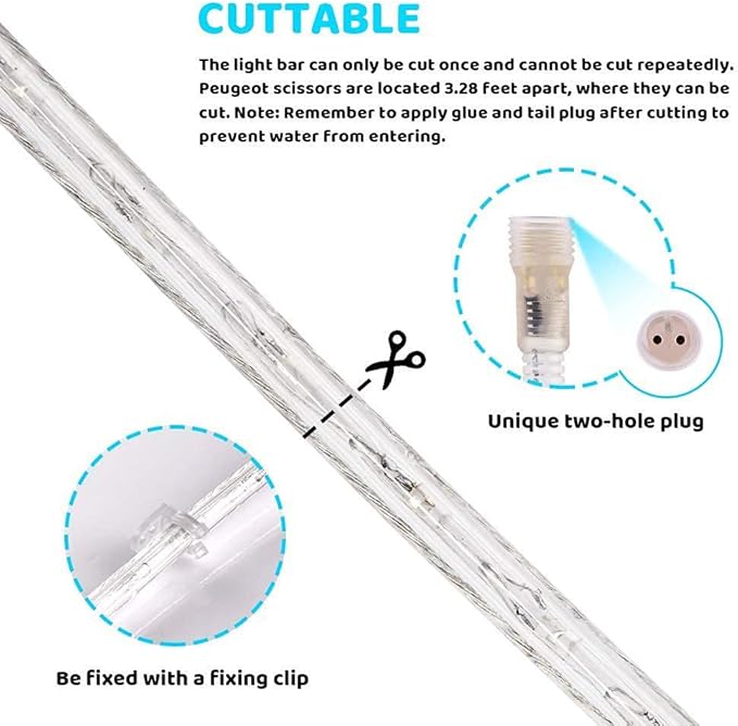 SURNIE LED Rope Lights Outdoor Warm White, Waterproof 33FT Cuttable 3000K Soft Lighting Indoor 110V Flexible Clear Tube for Bedroom Outside Garden Deck Patio Camping Decor, Not Flat Strip