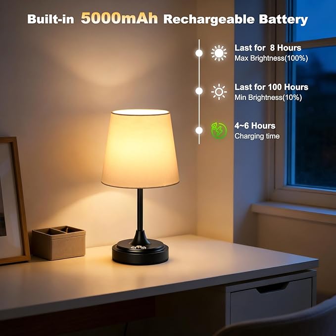 Small Cordless Table Lamp Rechargeable,5000mAh Battery Operated Desk Lamp,3 Colors & 7 RGB Stepless Dimmable,Touch Ambient Light for Bedside,Bedroom,Dining Room,Living Room,Black,WhiteShade