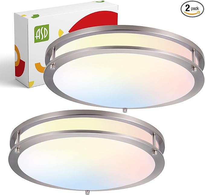 ASD LED 16" Round Flush Mount Lighting, Close to Ceiling Light Fixture | 3CCT, Dimmable, Energy Star, ETL Listed | 24W 1854LM 3000-5000K 120V | Low Profile Double Ring Lamp | Nickel, 2 Pack