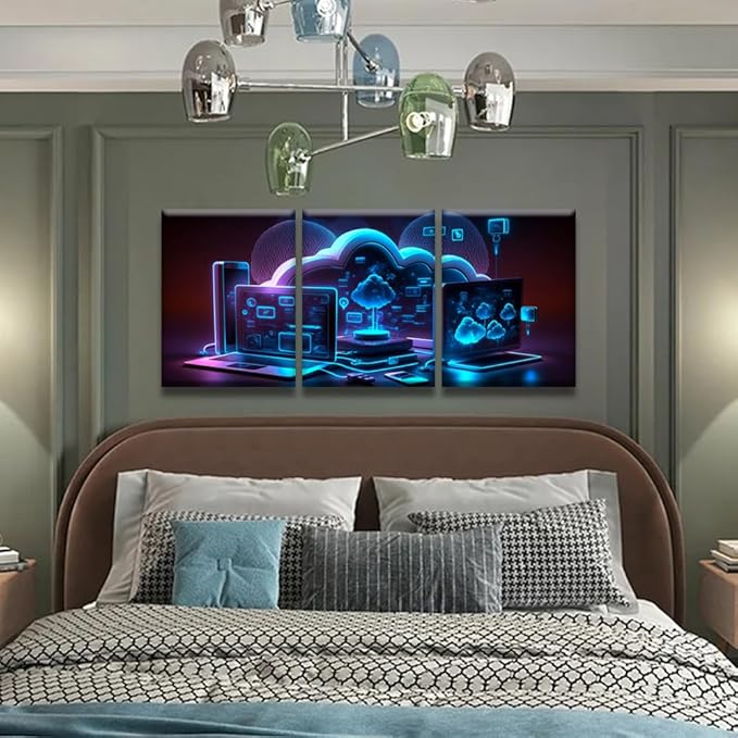 Canvas Art Wall Decor for Bedroom Cloud Storage Communication with Computer Art Prints Canvas Art Wall Painting Artwork for Walls Canvas Wall Decor Bedroom Wall Decor Framed Ready to Hang 12x16inchx3