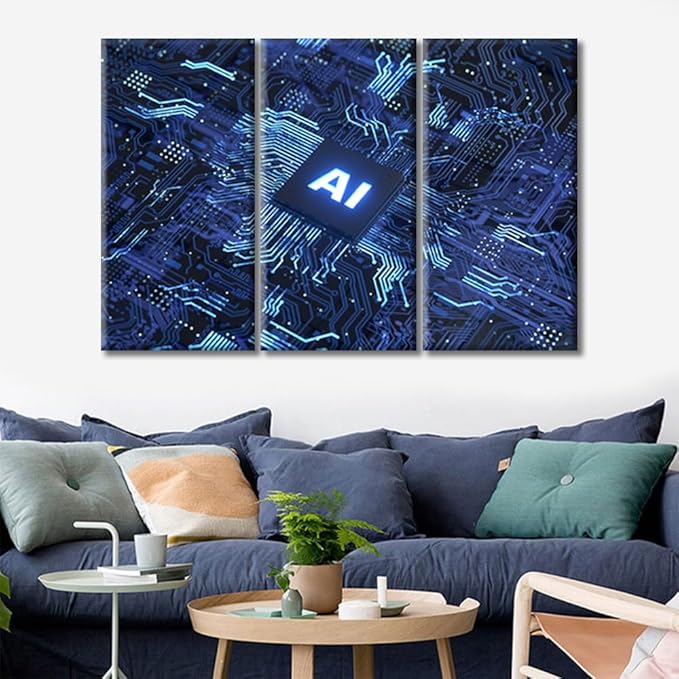 Virtual Network Wall Art 3 Pieces Artificial Intelligence Concept Canvas Art Wall Decor Chip Modern Wall Art Pictures for Living Room Artwork Paintings Giclee Framed Ready to Hang (36"Wx24"H)