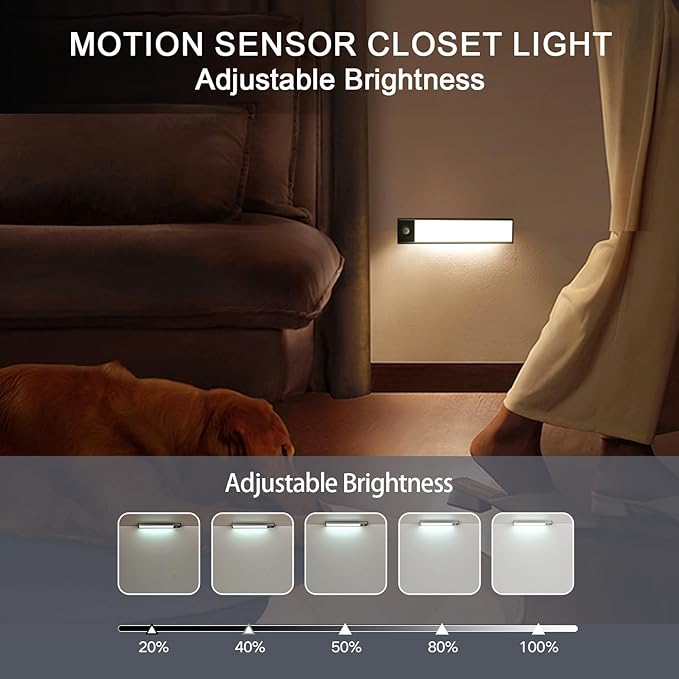 Under Cabinet Lighting, 2400mAh Motion Sensor Light Indoor, 160lm Rechargeable-Battery-Operated Closet Light, Magnetic Under Counter Lights for Kitchen, Stair, Drawer, Safe(7.8in, Cool White, 2 Pack)