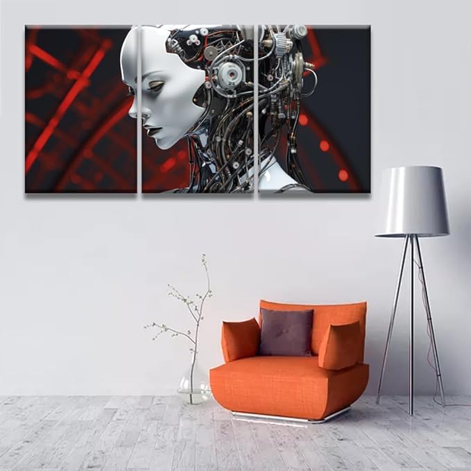LSIUHWUWI Wall Art for Living Room 3 Panel Female Robot with Wires, and Metallic Finish Pictures Posters Contemporary Wall Decor for Home Office Hotel Wall Wooden Framed Ready to Hang 16x24inchx3