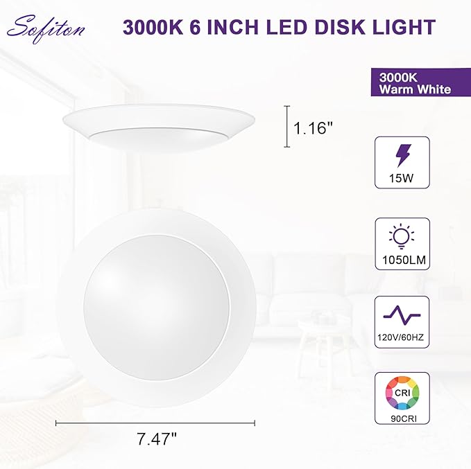 LED Disk Lights 6 Inch, 15W Surface Mount LED Ceiling Light 1050LM, 3000K, 120V, Dimmable, CRI90+, Flush Mount Disc for Kitchen, Closets, Bathroom, ETL Listed, 6Pack