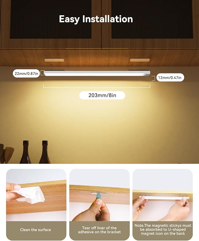6-Pack Under Cabinet Lighting with charging station 8-Inch Rechargeable Motion Sensor Light Indoor 3 Color Dimmable Closet Light, USB Stick on LED Magnetic Under Counter Lights for Kitchen Shelf