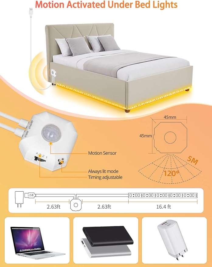 Daymeet Motion Sensor Lights Indoor, 16.4ft Motion Activated LED Strip Lights Under Bed Light, Night Lighting 3000K Warm White Under Cabinet Light for Hallway, Bedroom,Kitchen (NO APP)