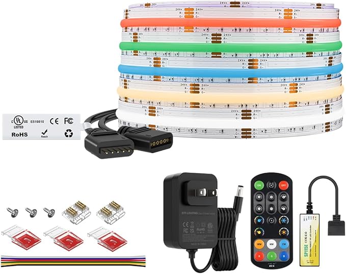 BTF-LIGHTING FCOB COB RGBCCT Color Changing LED Strip with Remote,UL Listed Flexible High Density DC24V 16.4FT RGB+Tunable White 3000K-6000K RF Remote Controller 12mm Width 3M Tape for Home Decor