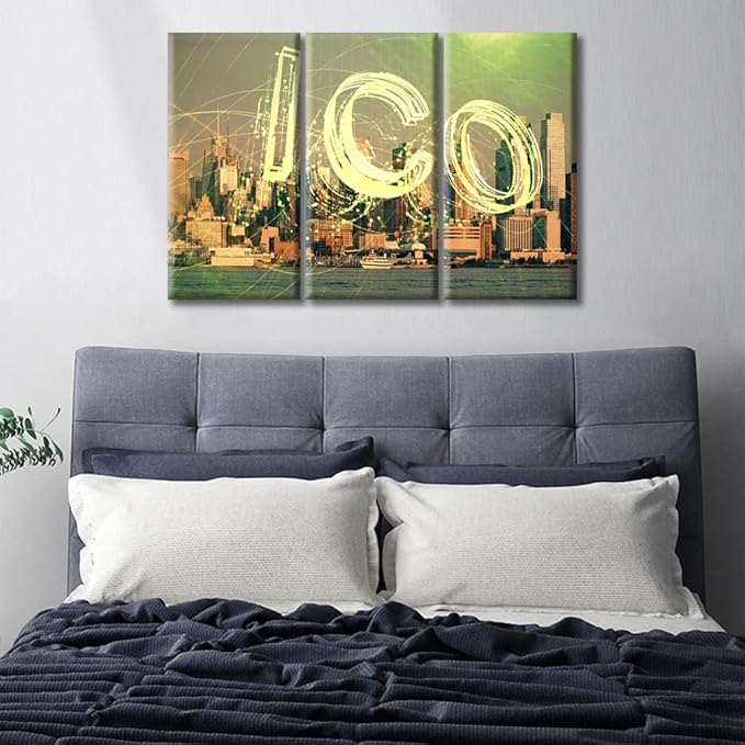 TUMOVO 3 Panel Crypto Currency Paintings Canvas Wall Art Concept of Blockchain and Bitcoin Posters and Prints Pictures Canvas Paintings Wall Decor for Living Room Framed Ready to Hang (36" Wx24 H)