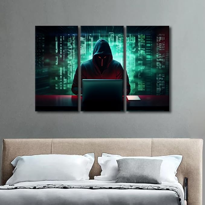 TUMOVO Hacker Malware Wall Art AI Big Data Canvas Art Prints Hacker Artwork 3 Pieces Canvas Wall Art Wall Decor Hacker Posters and Prints Contemporary Home Decor Framed Ready to Hang, 42" Wx28 H