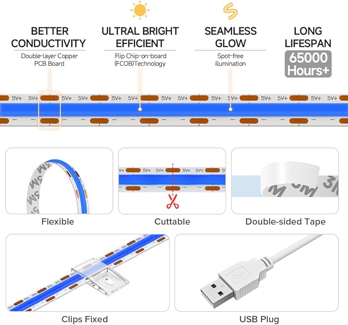 BTF-LIGHTING FCOB USB Powered Blue Color COB LED Strip Lights 9.8FT 960LEDs 5V 8mm Width 90+ High CRI Ultra Bright Flexible Light for TV Backlight Display Cabinet PC DIY Decor