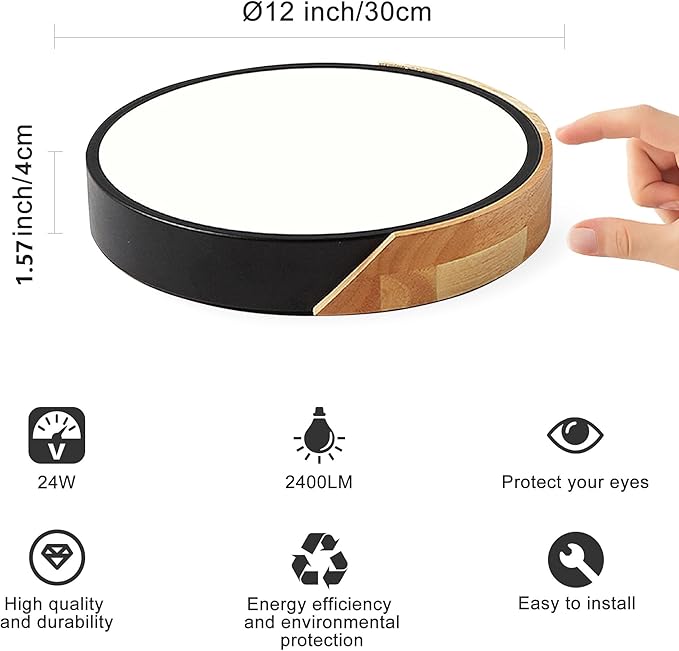Wood LED Flush Mount Ceiling Light, 4500K Modern Round Close to Ceiling Light Fixtures, 12 Inch Minimalist Black Ceiling Lamp, Low Profile Ceiling Lights for Bedroom, Kitchen, Laundry