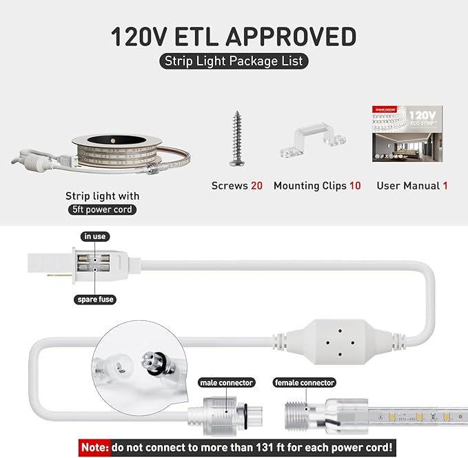 Shine Decor LED Strip Light Easy Connectable, 2800K Warm White Cold Resist Weatherproof Plug-in for Indoor Outdoor, 101 LM/FT Dimmable Bright Eco Rope Lighting 16.4FT, 120V Whole Set ETL Listed