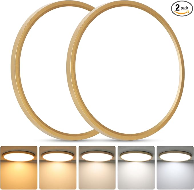 Brightever Gold LED Flush Mount Ceiling Light Fixture, 12 Inch 24W, Super Slim 0.67 Inch 3200LM LED Ceiling Lights, Dimmable & 2700K-6500K 5 Color in One Ceiling Lamp for Bedroom, Porch, 2 Packs
