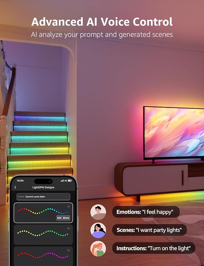 Lepro S2 AI Smart LED Strip Lights - 16.4ft RGBCW Light Strips with 2700K-5700K Tunable Warm White, Color Segment DIY, Personalized Al Lighting Designer, APP Control(No Remote), 2.4G Wi-Fi & Bluetooth