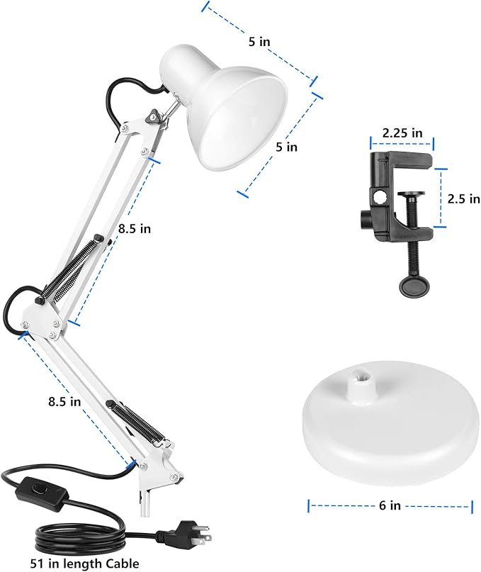 AmeriTop Metal Desk Lamp, Adjustable Swing Arm Table Lamp with Interchangeable Base Or Clamp; Eye-Caring Desk/Clip Reading Lamps for Bedroom, Study, Office (White)
