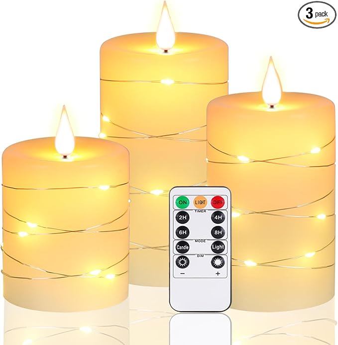 Upinmz Flickering Flameless Candles with Embedded String Lights, Battery Operated Candles with Remote Control and Timer,LED Candles for Home Decoration,Real Wax, 3 Pack Ivory