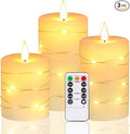 Upinmz Flickering Flameless Candles with Embedded String Lights, Battery Operated Candles with Remote Control and Timer,LED Candles for Home Decoration,Real Wax, 3 Pack Ivory