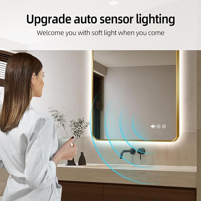 40 x 32 Gold LED Bathroom Mirror, Metal Framed Rounded Corner Rectangle Backlit Mirror Bathroom, Anti-Fog, 3-Color Stepless Dimmable Lighted Mirror, Motion Sensor Lights, Memory Function