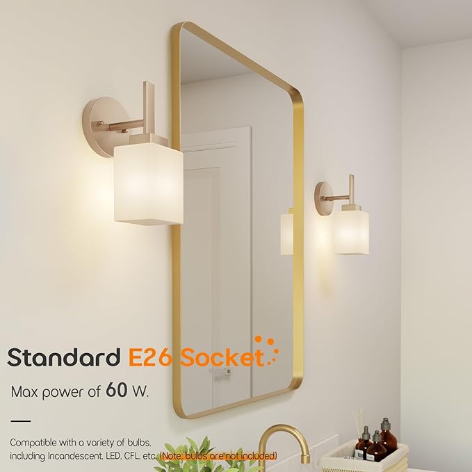 Bathroom Vanity Lighting Fixtures with White Frosted Glass Shade, Champagne Bronze Wall Lamps Over Mirror for Bedroom Living Room, 2 Pack T002CPG-L1-P2