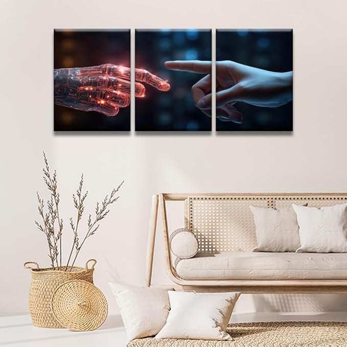 LSIUHWUWI Modern Wall Art 3 Panel The Human Finger touches the Robot's Finger Picture Prints on Canvas for Living Room Computer Room,Office Wall Decoration, Framed Ready to Hang 12x16inchx3