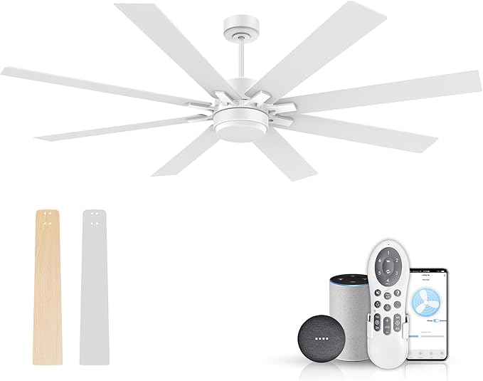 72Inch Large Smart Ceiling Fans with Lights Remote,Control via WIFI Alexa Google App,Modern Outdoor Indoor Ceiling Fan for Large Patio Living Room,6 Speed Quiet DC Motor,8 Blades in White& Light Wood