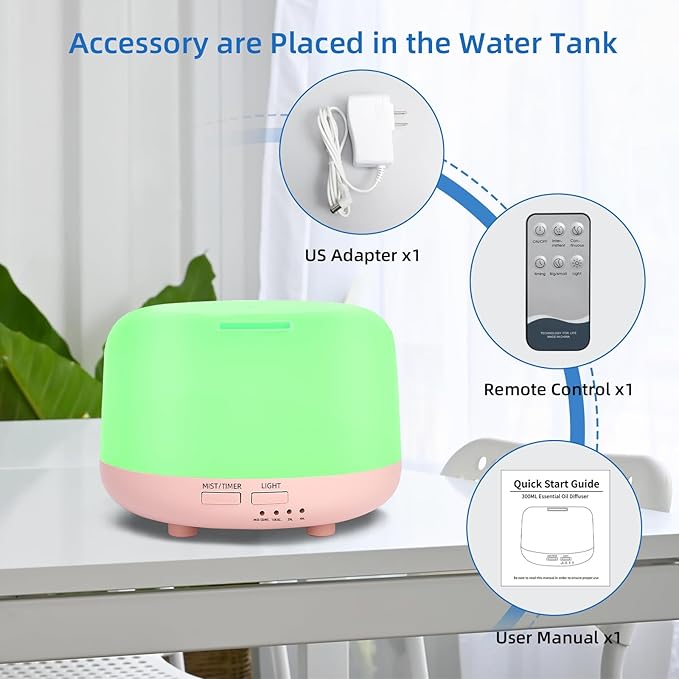 300ML Essential Oil Diffuser, Cool Mist Small Diffuser with Remote Control, 7 Color Changing LED Light, 4 Timer Settings,Waterless Safety Shut Off, for Bedroom, Room, Office(Pink)