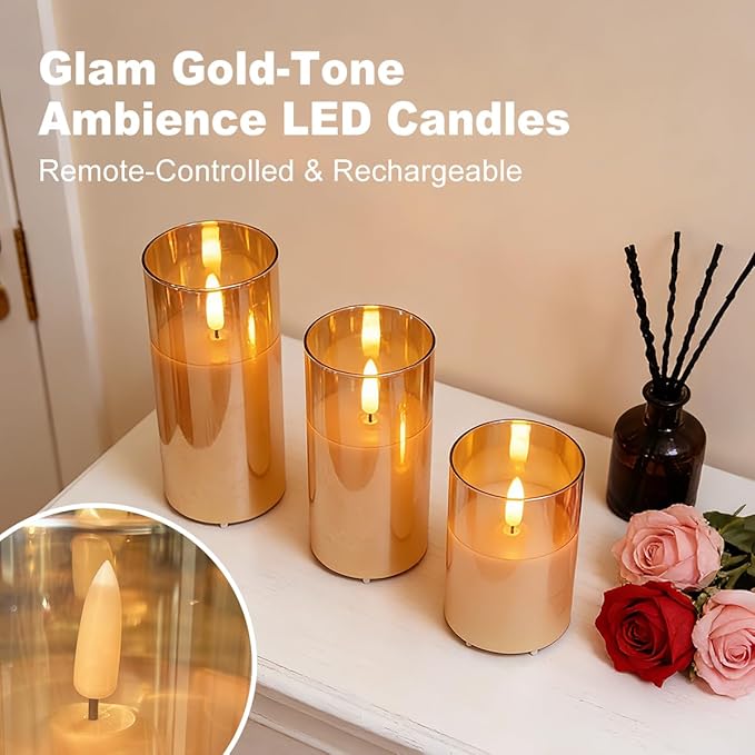 Rechargeable Flameless LED Gold Glass Candles–Luminous Real Wax Indoor Home Decor–Set of 3, Realistic Flickering LED Flame,Remote & Timer,Ideal for Living Room, Bedroom & Festival Décor
