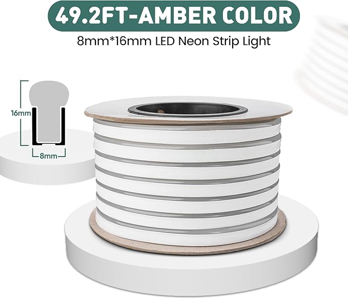 GZBtech Flexible LED Neon Rope Lights 50FT,AC 110-120V Waterproof Strip Light, 120 LEDs/M Cuttable Connectable Neon Lighting for Indoor Outdoor Home Decor/Commercial Building Use-Amber 15M, ETL Listed