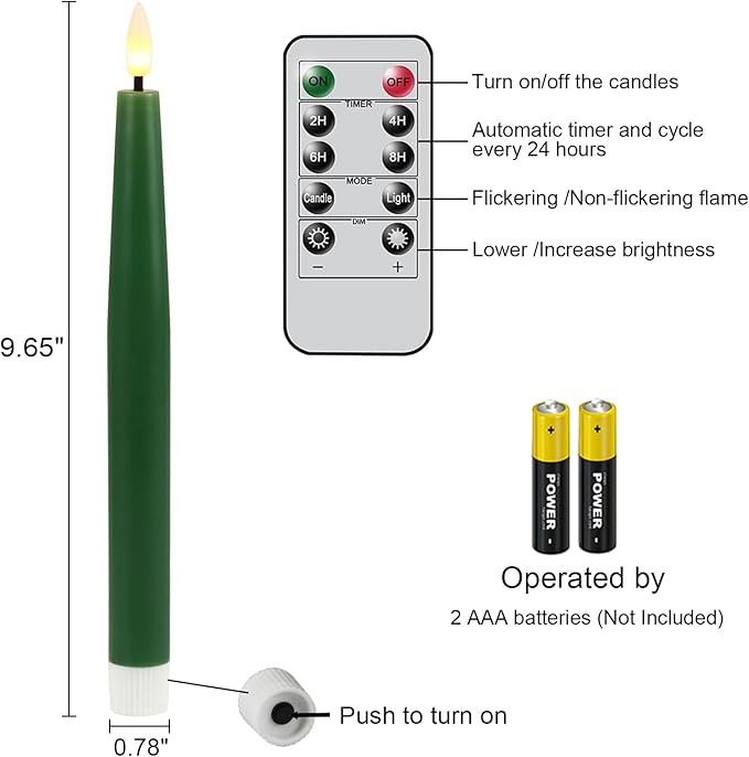 GenSwin Flameless Taper Candles with Remote Timer, Real Wax LED Flickering Candlesticks Battery Operated 3D Wick for Wedding, Party, Home(Christmas Green, 9.84", Set of 2)