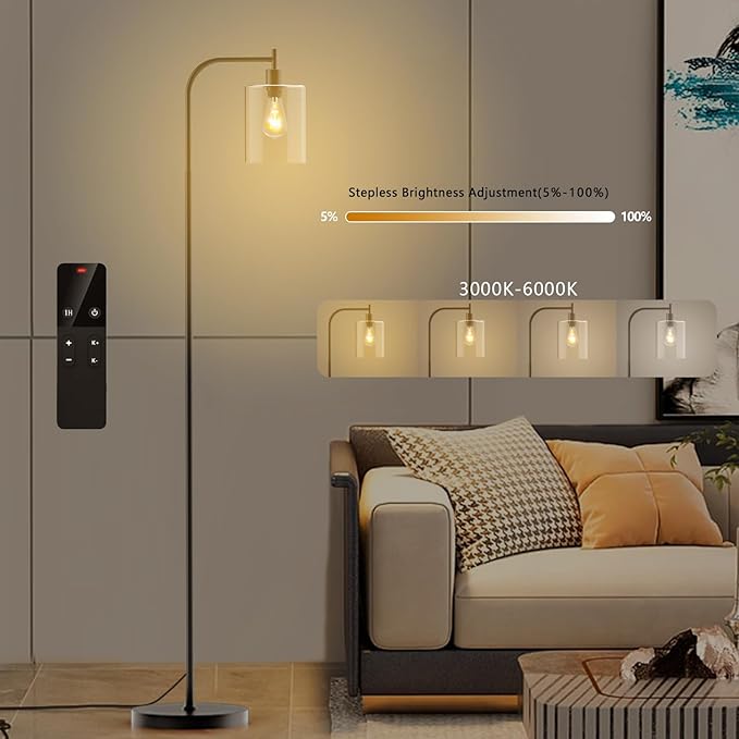 Industrial Floor Lamp with Glass Shade, Modern Dimmable Floor lamp with Remote LED Bulbs, Tall Lamp for Living Room Corner, Bedroom, Office (Black)