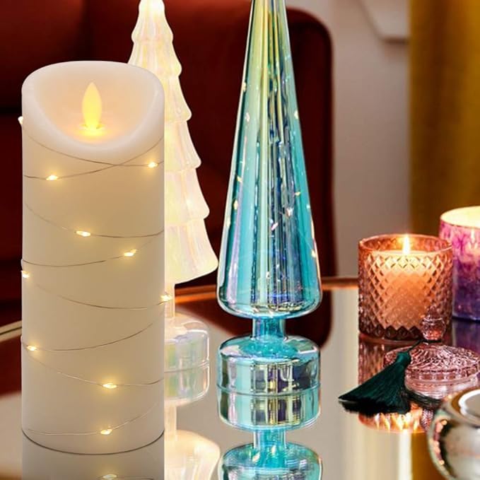 DRomance Large Flameless Pillar Candle String Light with 10-Key Remote and Timer, 2 C Batteries Operated Moving Wick Dancing Flame Real Wax LED Pillar Candle Holiday Season Decor(3 x 8 Inch)