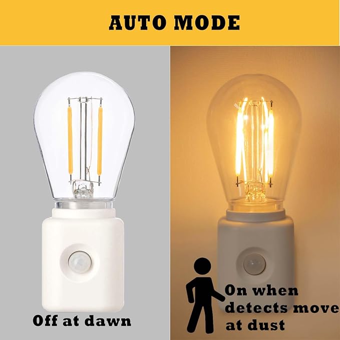 Led Night Light Bulb Plug in, 1W Vintage Nightlight, Dusk to Dawn and Motion Sensor, Warm White 2700K, 10-100LM Adjustable Brightness, Dimmable, for Hallway Bedroom Stairway, 1 Pack