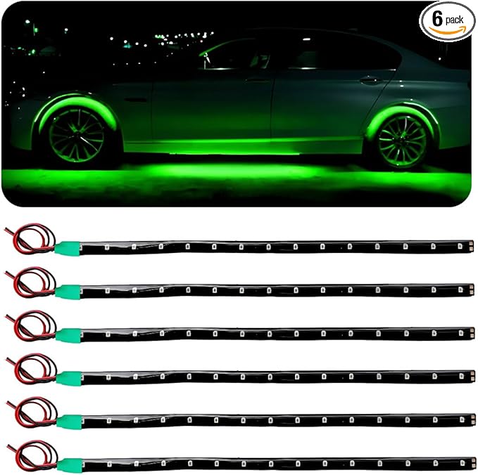 6 PCS 15 LED Strip Underbody Light, DC 12V 1Ft Flexible Underglow Car LED Light Strip with 6 Inch Wire, Waterproof LED Interior Exterior Decoration for Car Truck Motorcycle (Green)