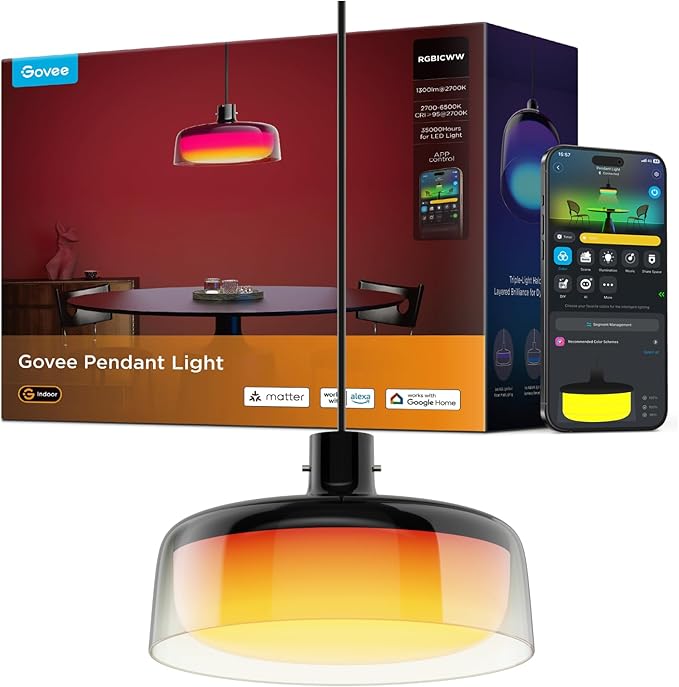 Govee Pendant Light for Kitchen Island, Three-Layer RGBIC Smart Lighting, Matter Compatible, 1300LM 2700K-6500K Dimmable Black Hanging Light Fixture Works with Alexa, Adjustable Height for Dining Room