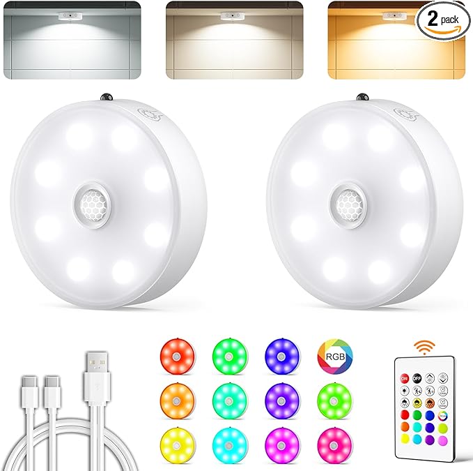 Puck Lights with Remote, Rechargeable Under Cabinet Lighting, 3 Color Temps, 12 RGB Color LED Motion Sensor Lights Wireless, Dimmable Tap Lights for Closet, Kitchen, Shelf, Stair, 2 Pack