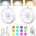 Puck Lights with Remote, Rechargeable Under Cabinet Lighting, 3 Color Temps, 12 RGB Color LED Motion Sensor Lights Wireless, Dimmable Tap Lights for Closet, Kitchen, Shelf, Stair, 2 Pack