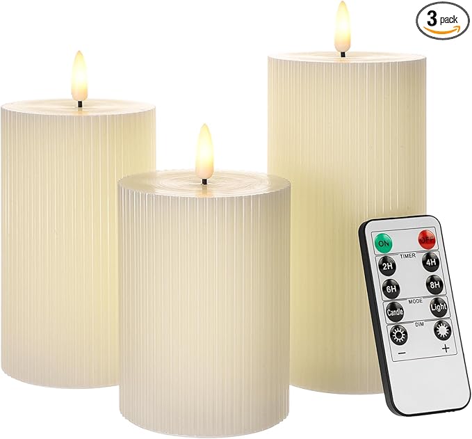 ANGELLOONG Ribbed Pillar Candles for Home Decor, Real Wax Flameless Candles with Remote, Set of 3 Battery Operated Candle, LED Electric Timer Candle for Bathroom Party Living Room Decor