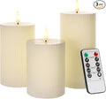 ANGELLOONG Ribbed Pillar Candles for Home Decor, Real Wax Flameless Candles with Remote, Set of 3 Battery Operated Candle, LED Electric Timer Candle for Bathroom Party Living Room Decor