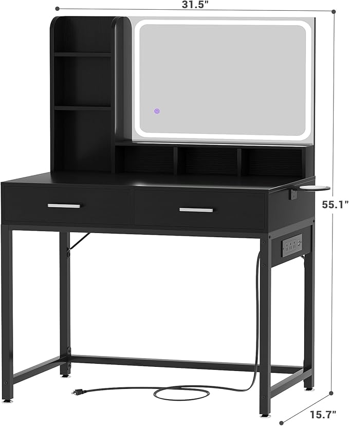 Small Vanity Desk, Vanity Desk with Mirror and Lights, Makeup Vanity Desks with Power Strip, Vanity Table with Drawers and Shelves, Adjustable Lighting, Dressing Table for Bedroom Room, Black