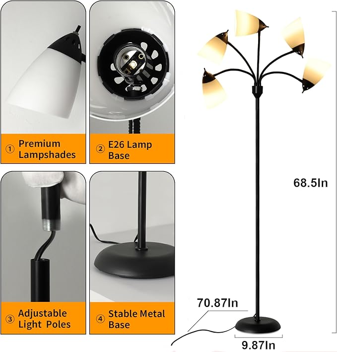 DLLT Modern Floor Lamp for Room: 5-Light Flexible Gooseneck Black Floor Lamps Standing for Living Room Bedroom Home Study Room Office - Tall Tree Floor Lights Adjustable Metal Multi Head E26 Base