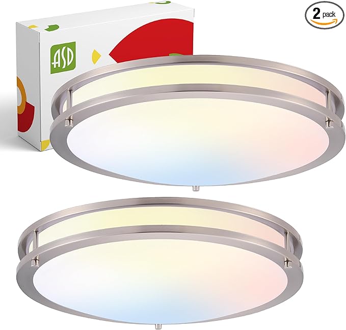 ASD LED 18" Round Flush Mount Lighting, Close to Ceiling Light Fixture | 3CCT, Dimmable, Energy Star, ETL Listed | 28W 2230LM 3000-5000K 120V | Low Profile Double Ring Lamp | Nickel, 2 Pack